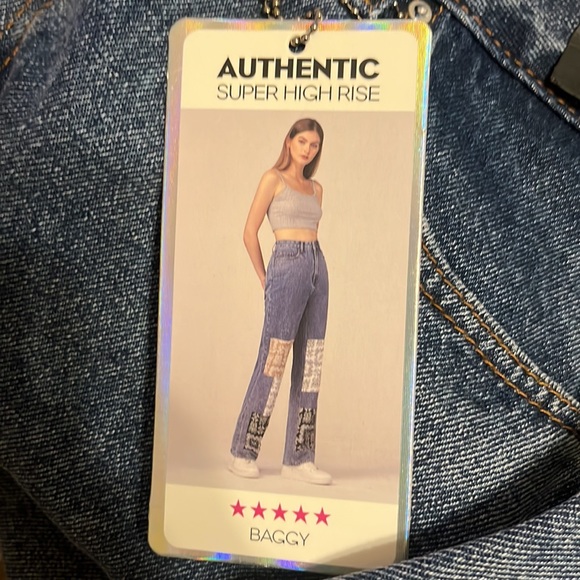 Simple Society Baggy Super High Rise Denim Jeans with Handkerchief Patchwork - Picture 6 of 9